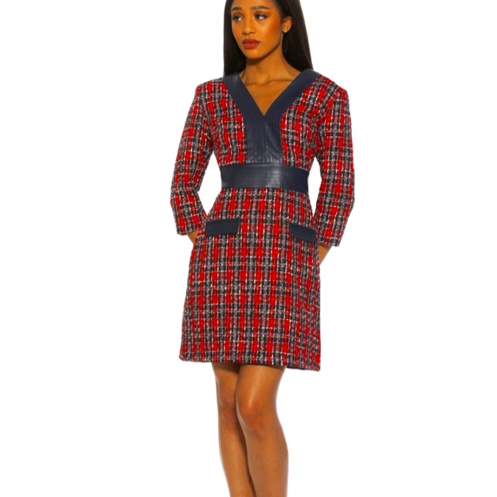 NEW Alexia Admor ZENIA Tweed Navy & Red Dress Size 4